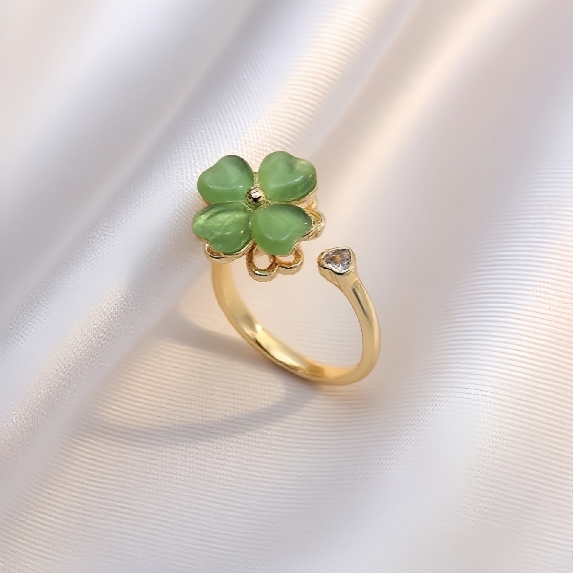 Rotating Zircon Four-Leaf Clover Adjustable Ring
