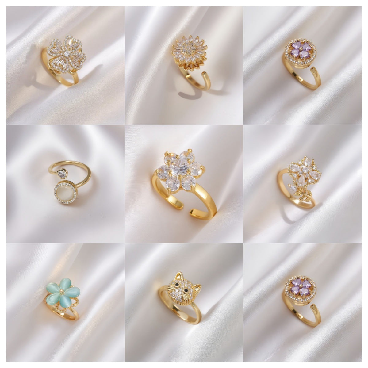 Rotating Zircon Four-Leaf Clover Adjustable Ring