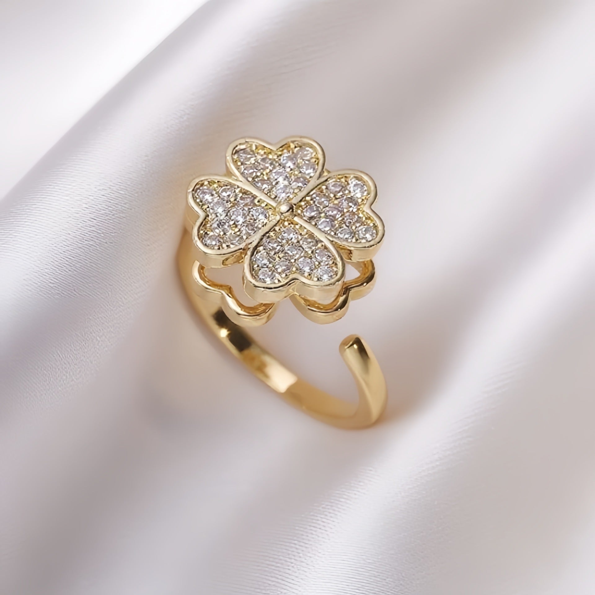 Rotating Zircon Four-Leaf Clover Adjustable Ring