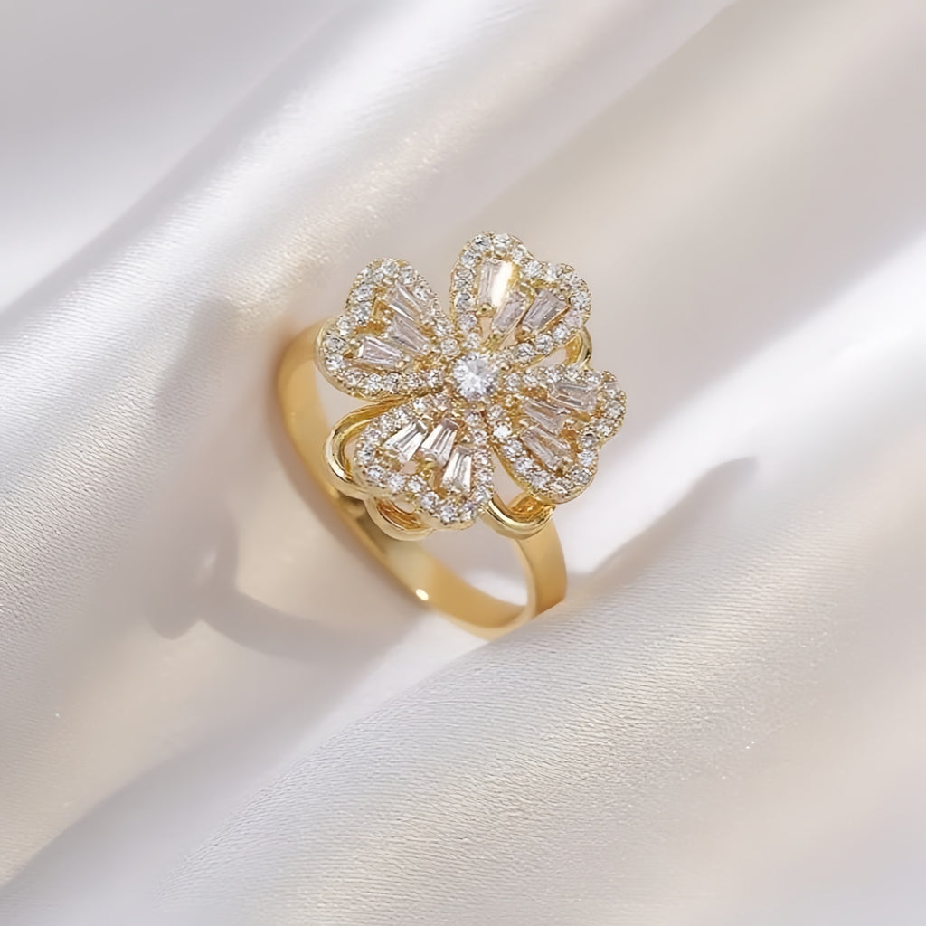 Rotating Zircon Four-Leaf Clover Adjustable Ring